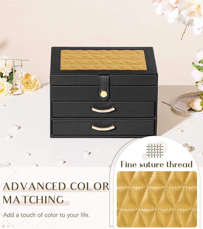 Black Jewelry Box Organizer: Home Decor for Women - 2-Drawer Holder for Valentine’s Day Birthday Christmas Black Gold-CubbioJoy