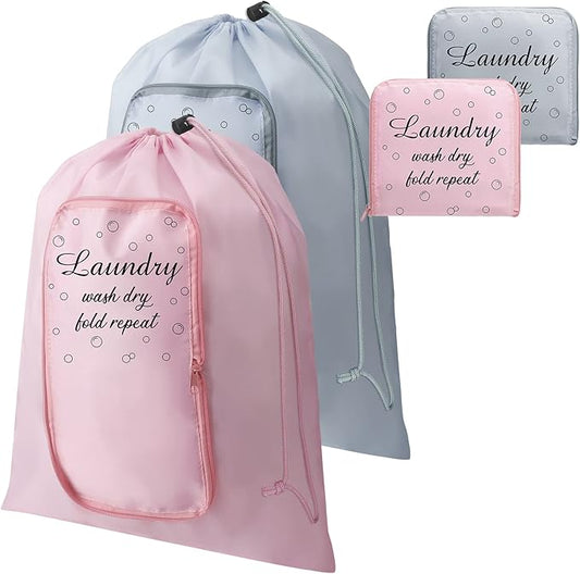2 Pcs Travel Laundry Bag Washable Dirty Clothes Bag with Drawstring and Zipper for Suitcase, 22 x 18 Inch (Pink, Gray,Bubble)-CubbioJoy