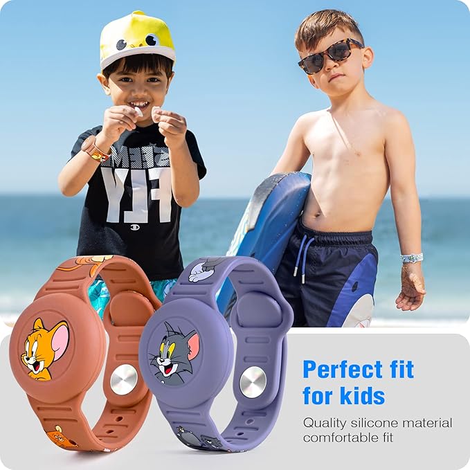 2 Pack AirTag Bracelet for Kids, Waterproof Cute Cartoon Air tag Holder for Kids with Watch Band Design, Full Coverage Silicone Airtag Hidden Accessories for Child, Healthy Material Brown + Grey-CubbioJoy