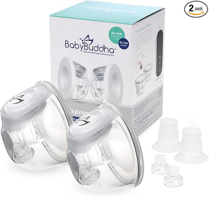 BabyBuddha Hands Free Milk Collection Cups for Breast Pump, 8 Fl Oz Each, Wearable Breastmilk Containers, Compatible with BabyBuddha Pump, Spill Resistant Design, Small Flange 22 to 24mm, 2 Pack-CubbioJoy