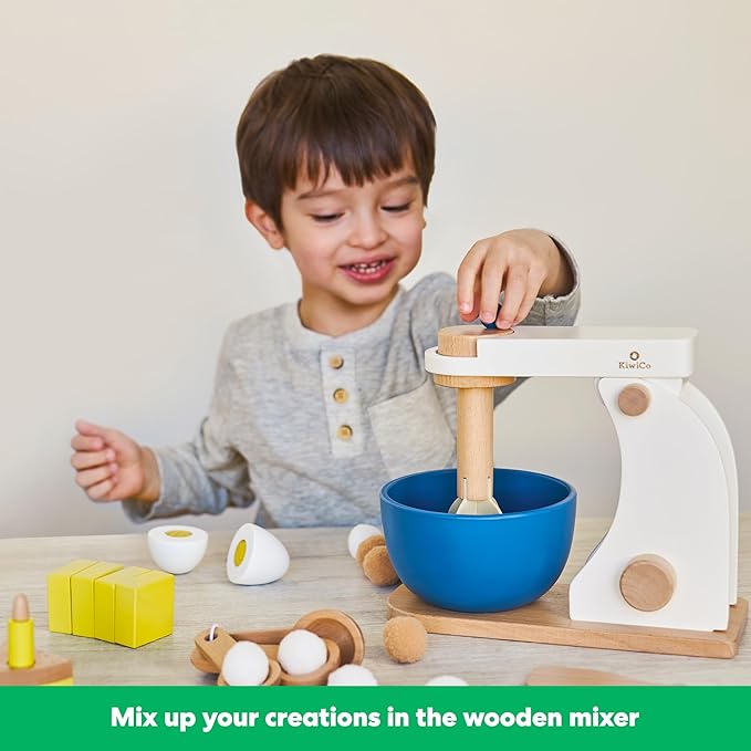 Bake-a-Cake Stand Mixer | KiwiCo Play Kitchen | Kids Baking Set Ages 3+ | Learn Early Math with Wooden Kitchen Play Set | Includes Ingredients, Stand Mixer, Measuring Spoons, Recipe Cards and More-CubbioJoy
