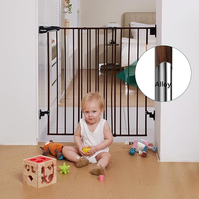 Babelio 34" Extra Tall Baby/Dog Gate with No Threshold Design Walk Thru Door, 26-43" Auto Close Safety Gate for Babies, Elders and Pets, Fits Doorways, Stairs, and Entryways, Black Wood Pattern-CubbioJoy
