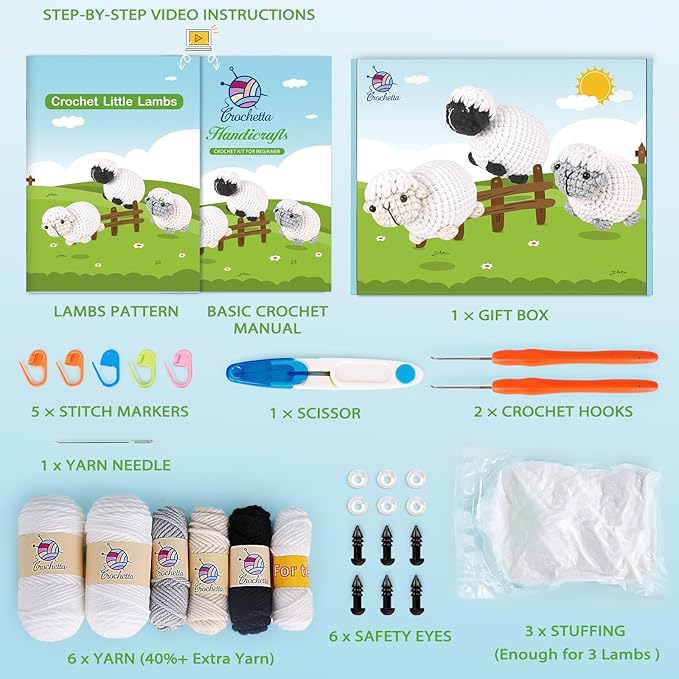 Crochet Kit for Beginners, Crochet Starter Kit with Step-by-Step Video Tutorials, Amigurumi Crochet DIY Knitting Supplies for Adults Kids, 3-Pack Little Lambs (40%+ Yarn)-CubbioJoy