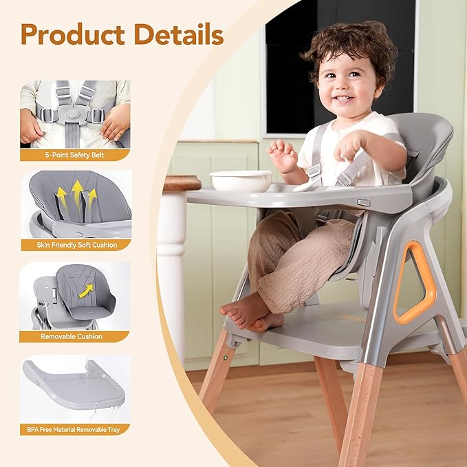 CoziBB Baby High Chair, 6 in 1 Convertible Growing Baby Highchairs for Babies and Toddlers, Baby Chair with Adjustable Dining Tray and Seat, 5-Point Safety Belt, Grey-CubbioJoy