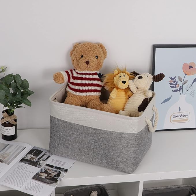 Bidtakay Baskets Set of 3 Storage Baskets for Organizing Large Fabric Storage Bins for Shelves Decorative Canvas Bins Collapsible Empty Baskets for Closet,Nursery,Clothes,Toys,Shoes(White&Grey)-CubbioJoy