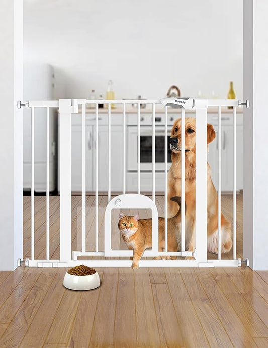 Babelio Baby Gate with Adjustable Cat Door,29-43" Auto Close Durable Pet door for Stairs,Doorways and House,Pressure Mounted,Easy Install,Effortless Walk Thru,White-CubbioJoy