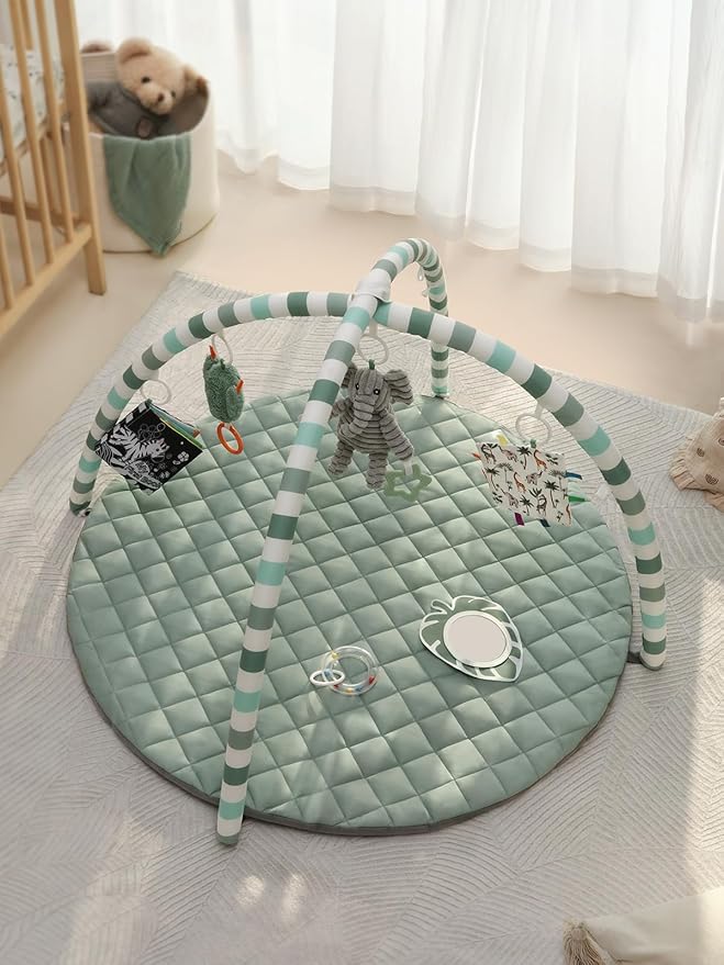 Blissful Diary Baby Play Gym Mat, Play Mat Activity Mat with 6 Detachable Toys for Stage-Based Sensory & Motor Skill Development, Easy to Install & Clean, Baby Essentials Gift, Sage Green-CubbioJoy