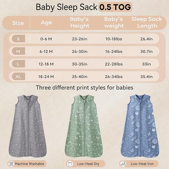 Baby Sleep Sack 6-12 Months 3 Pack 100% Cotton Lightweight 0.5 TOG Wearable Blanket Baby Sleep Bag with 2-Way Zipper for Newborn Infant-CubbioJoy
