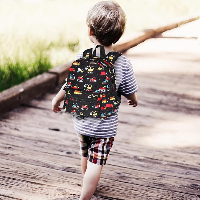 Accmor Toddler Backpack Harness with Leash, Cute Baby Backpacks with Anti Lost Wrist Link, Mini Kids Backpack Tether Walking Harness for Travel Outdoor, Black Excavator Backpack Tether for Boys Girls-CubbioJoy