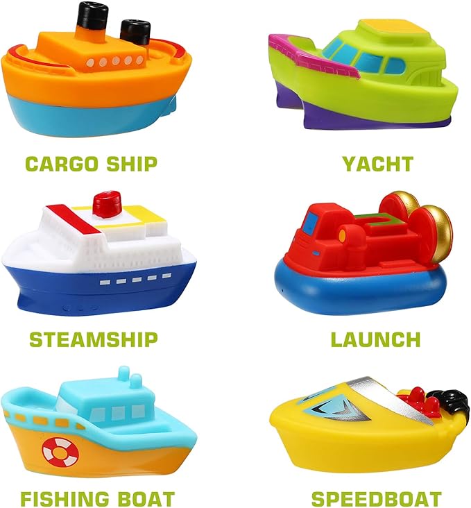 Bath Toys, 6 Packs Light up Boat Floating Rubber Set, Flashing Color Changing Light in Water, Tub Gift for Baby Infant Toddler Child Kid, Bathtub Ship Toy for Bathroom Shower Game Swimming Pool Party-CubbioJoy