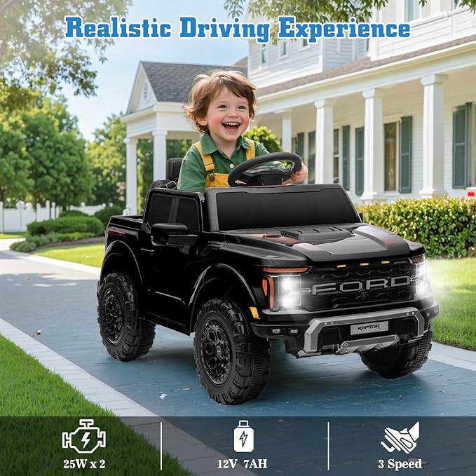 12V Ride on Car Licensed Ford F-150 Raptor, Kids Electric Car with Remote Control, LED Light/Music/MP3, Truck Bed Storage, 3-Point Seat Belt (12V, Black)-CubbioJoy