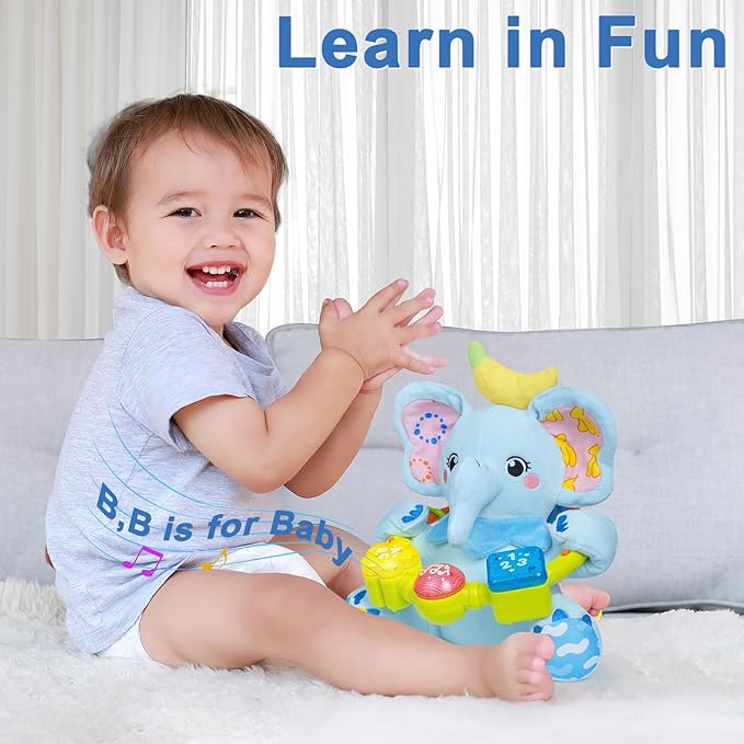 Baby Elephant Musical Stuffed Animals Toy with Light-Up Music & Crinkle,Infant Bilingual Early Learning Education Toys,1st Easter Basket Shower Stuffers for 0-3-6-12+ Months Boy Girl Gifts,Blue-CubbioJoy