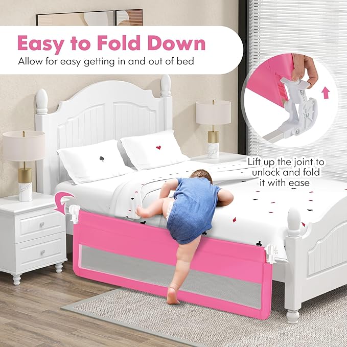 BABY JOY Bed Rails for Toddlers, 71'' Extra Long, Swing Down Bed Guard w/Safety Strap, Folding Baby Bedrail for Kids Twin, Double, Full Size Queen & King Mattress (71-Inch, Pink)-CubbioJoy