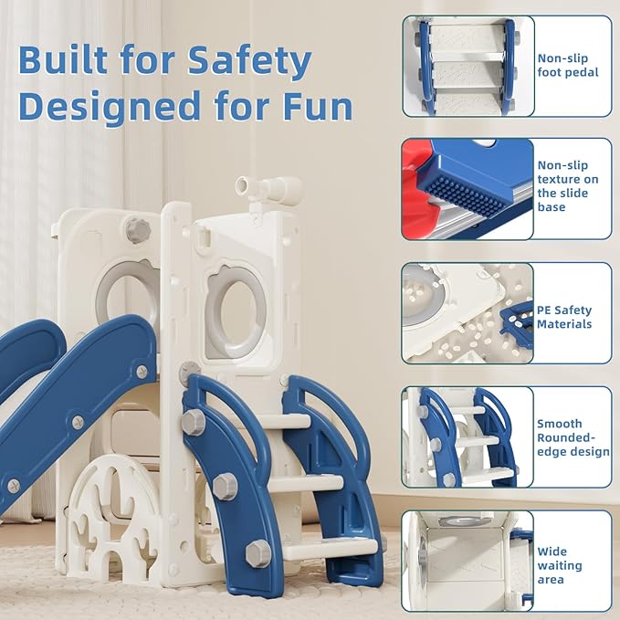 67i Toddler Slide for Kids - Foldable Indoor/Outdoor Plastic Slide with Basketball Hoop, Anti-Slip Steps, Safe & Durable Playground Equipment for 1-3 Years (Red Blue)-CubbioJoy