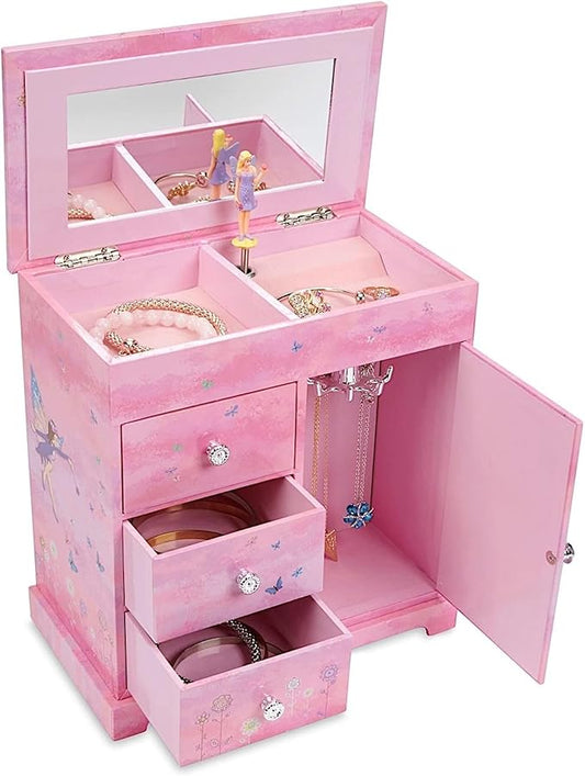 Jewelkeeper Jewelry Box - Jewelry Box for Girls with Ballerina Music Box - 3 Spacious Drawers, Necklace Carousel, Soft Pink Lining and Flowers Design - Sugar Plum Fairy Tune - 9.5 x 7.75 x 9.5 in-CubbioJoy