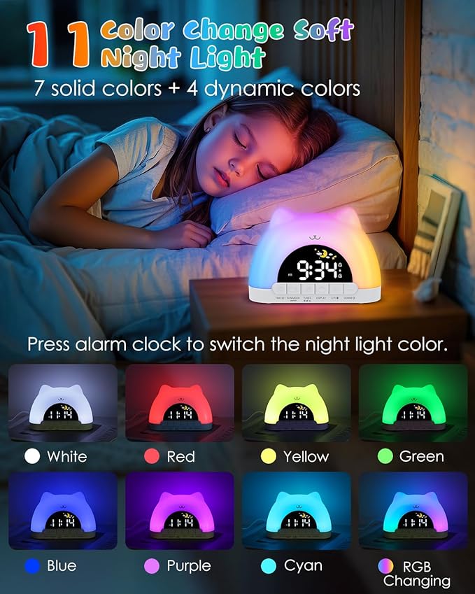 Kids Alarm Clock, OK to Wake Clock for Kids, Cat Clock with 11 Colors Night Light, 10 Soothing Sounds, Child Lock, Dual Alarms, Sleep Training, Birthday Gift for Boy Girls Children-CubbioJoy