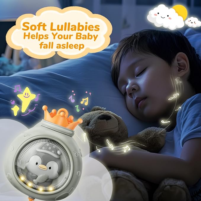 Crib Mobile with Music and Lights, Mobiles for Cribs, Baby Nursery Space Portable Infant Arm Hanger for Girls Boys Babies Bassinets Pack and Play Clip On Attachment, Toys Musical Hanging-CubbioJoy