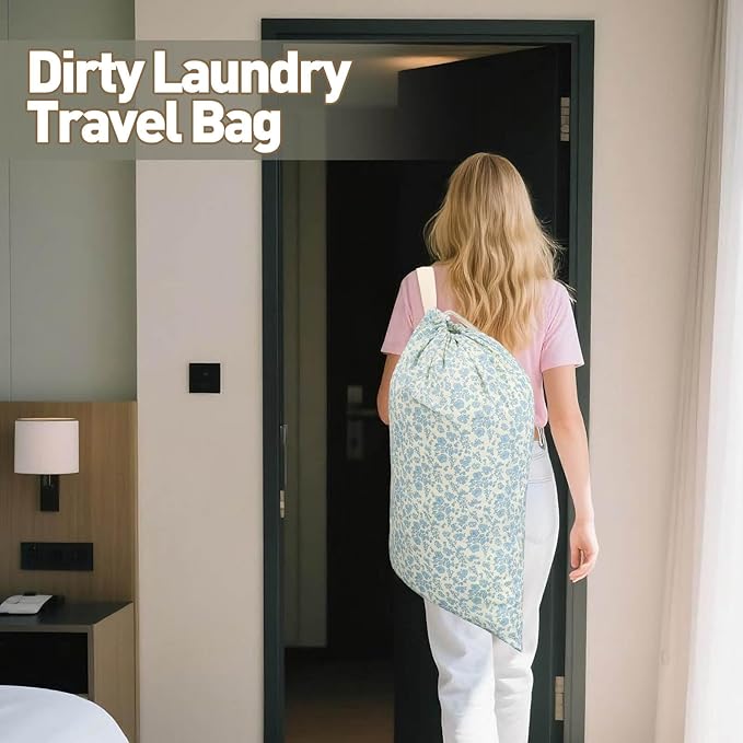 College Laundry Bag, Dirty Clothes Laundry Bag With Drawstring Handles For College Dorm Laundromat Apartment Travel Camp 29" X 18" Women Girls Back To School Birthdays Gift, Blue Florals-CubbioJoy