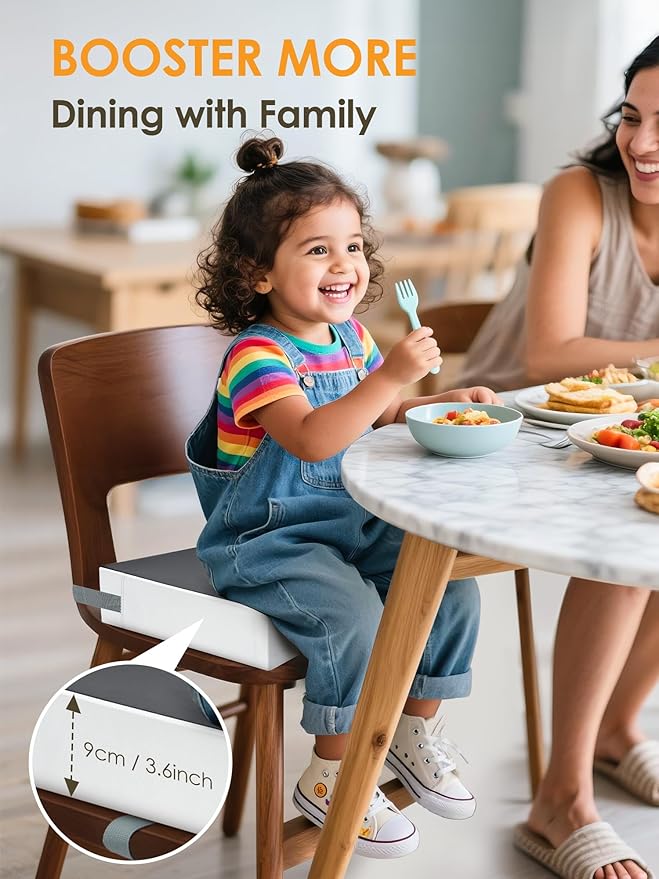 Booster Seat for Kitchen Chair, Adjustable Washable Safety Belts Toddler Booster Seats, PU Non-Slip Kids Dining Table Booster Seat, Portable Travel Increasing Cushion for Child Kid Boy Girl - Gray-CubbioJoy
