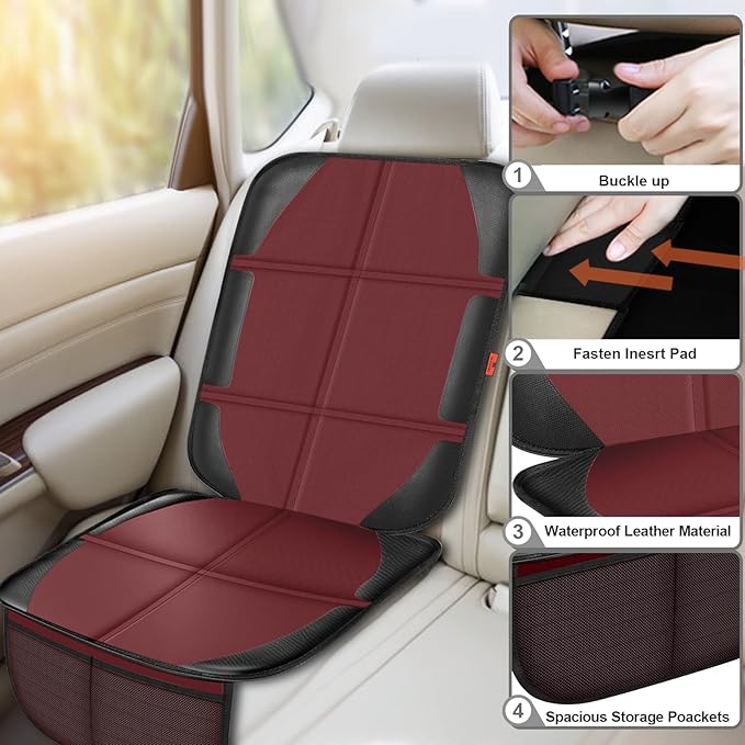 Car Seat Protector,2 Pack Automotive Seat Protectors Baby Carseat Pad Waterproof Durable 600D Fabric for Child Baby Car Seat Mat Vehicle Pet Cover 2 Storage Pockets (Wine Red)-CubbioJoy