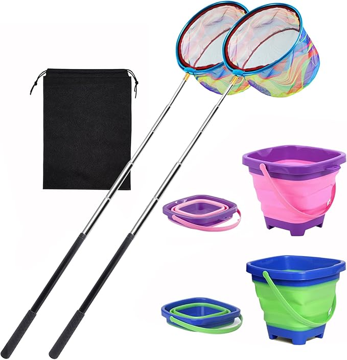 2PCS Fishing Net with Bucket, Telescopic Fishing Landing Net, Collapsible Kids Sand Bucket, Kids Fish Butterfly Catching for Freshwater Saltwater Outdoor Activities-CubbioJoy