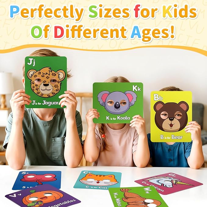 26 PCS Alphabet Mask Cards, Colorful Alphabet ABC Flash Cards with Animal Mask, Giant Letter ABC Animal Faces Flash Learning Flashcards-CubbioJoy