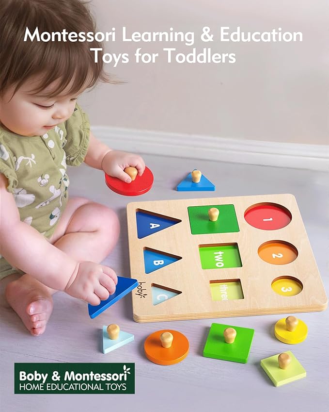 Boby Montessori Puzzles for Babies 12-18-24 Months, Wooden Jumbo Knob Peg Puzzle Shape sorter for Toddlers 1-3 Year Old, Early Learning Sensorial Toys (Shapes & Size Sorting Puzzle)-CubbioJoy