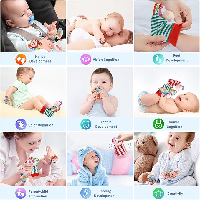 Infant Rattle Socks Toys 0 to 12 Months, Baby Wrist Rattle Foot Finder Socks Set, Birthday Holiday Present for Newborn Boy Girl 0/3/4/6/7/8/9/12/18 Months Kids Toddler, Gift Box Package (4A)-CubbioJoy