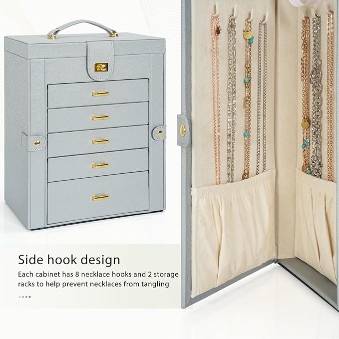 AKOZLIN Large Jewelry Box Organizer Functional Lockable with Big Mirror, Leather Jewelry Storage Case for Women Girls Ring Necklace Earring Bracelet Holder Organizer Grey-CubbioJoy