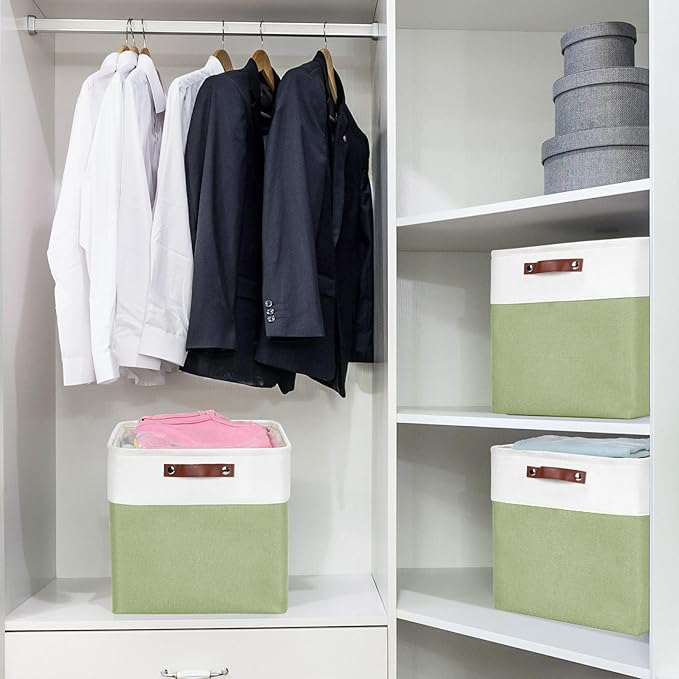 13x13 Cube Storage Bins, Collapsible Fabric Storage Box, 4 Pack Closet Baskets with Handles for Organizing, Shelf, Toys, Clothes, Home, Office, Nursery (Green&White)-CubbioJoy