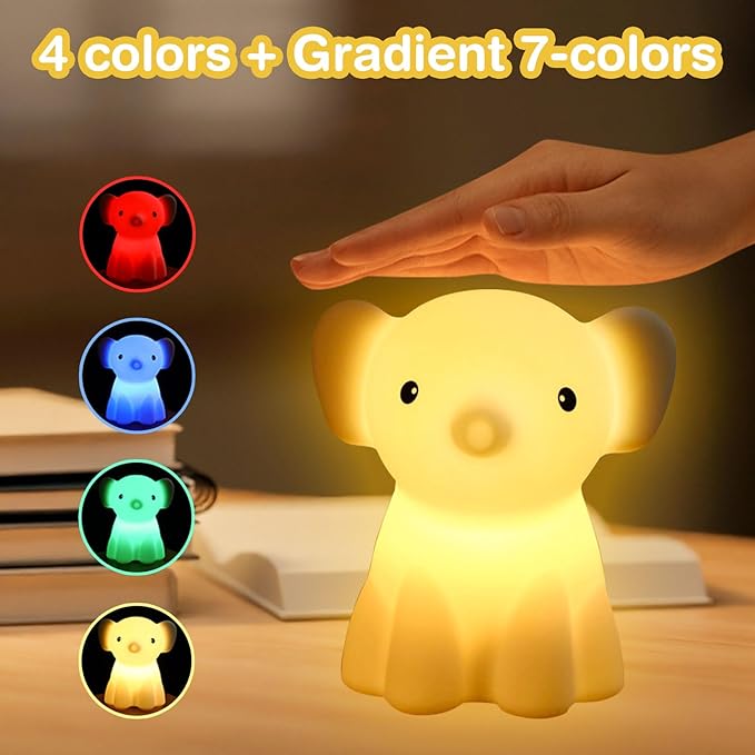 Cute Elephant Night Light for Kids, Adorable Room Decor for Boys Girls Birthday/Christmas Gifts, 5 Color, USB Rechargeable Silicone Night Lamp, Animal Lamp Gift, Safe Nursery Light for Toddlers-CubbioJoy