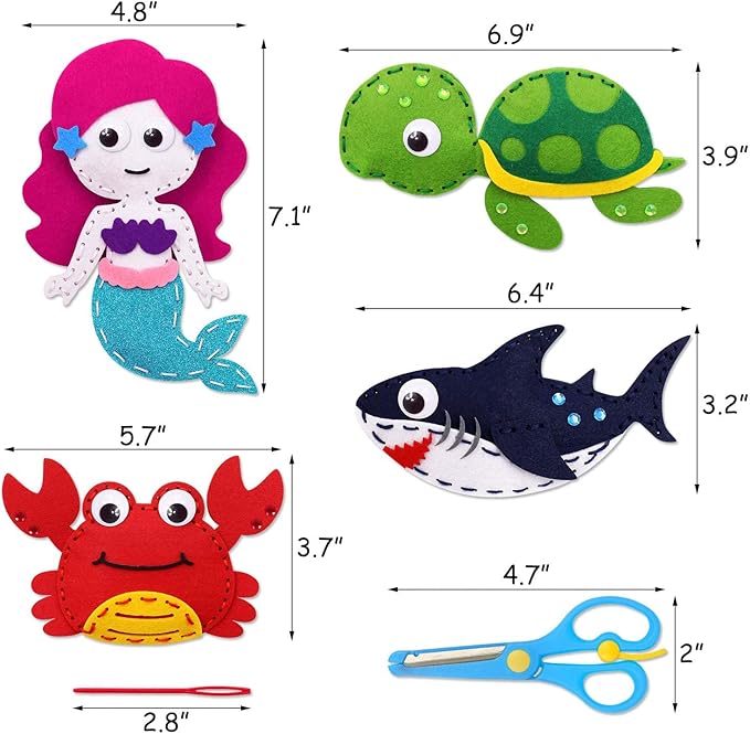 CiyvoLyeen Sea Animals Sewing Kit Mermaid DIY Felt Plush Craft Kit Make Your Own Ocean Animals Gifts for Beginner Boys and Girls Educational Kids Art Craft Supplies Set of 12-CubbioJoy