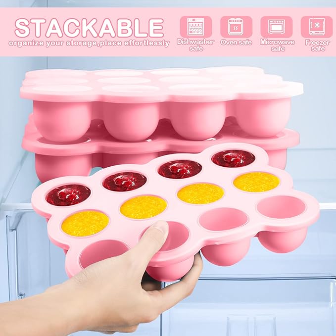 3 Pcs Baby Food Storage Container 12 Cup Silicone Baby Food Freezer Tray with Lid Stackable Reusable Silicone Baby Food Freezer Storage Tray for Food Vegetable Fruit Puree and Breast Milk (Pink)-CubbioJoy