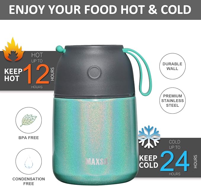 Insulated Food Jar for Hot & Cold Food for Kids Adult,17 oz Soup Thermo Hot Food Containers for Lunch, Triple Layer Insulation Stainless Steel Food Jar with Spoon (GPeacock)-CubbioJoy