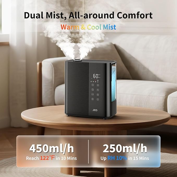 JRD Smart Humidifiers for Bedroom, 5L Warm & Cool Mist Ultrasonic Air Humidifier for Large Room Home Indoor, 50Hrs Quiet Runtime for Baby, Plants, Remote Control, Auto Humidity Sensor, 12H Timer-CubbioJoy