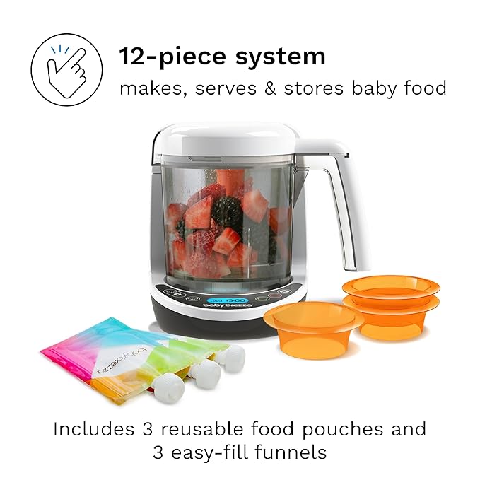 Baby Brezza One Step Baby Food Maker Deluxe – Auto shut Off, Dishwasher Safe Cooker and Blender to Steam + Puree Organic Food for Infants + Toddlers - Set of 3 Pouches + 3 Funnels-CubbioJoy