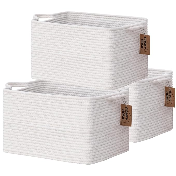 COMFY-HOMI 3PACK Cotton Rope Square Basket with Handles for Shelves|Dog Toy Basket Bin and Storage|Baby Basket for Gif|Shoe basket for Organizing|New13.5" x 11" x 9.5" for Living Room（All White）-CubbioJoy