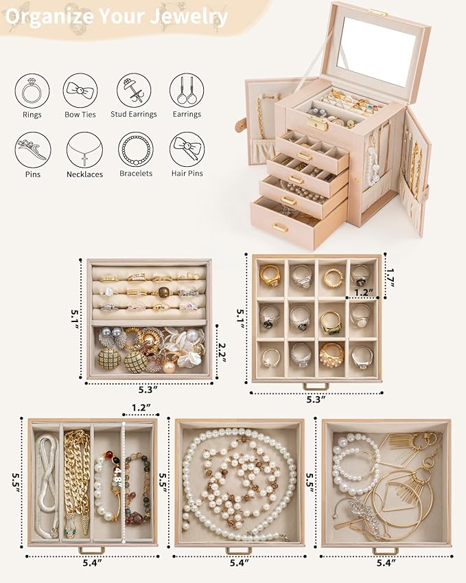 AKOZLIN 5-Tier Jewelry Box Leather Jewelry Storage Organizer with 4 Drawers Lockable for Women Girls Ring Necklace Earring Bracelet Watches Holder with Mirror Champagne-CubbioJoy