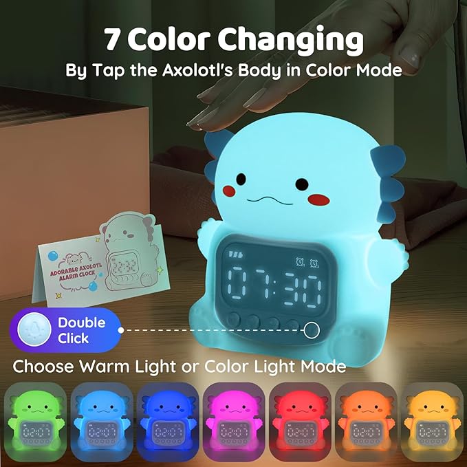Axolotl Alarm Clock with Night Light for Kids, Rechargeable Silicone Lamp Time to Wake Clock Cute Animal Tabletop Lamp, Perfect Sleep Companion for Boys Girls, Blue-CubbioJoy
