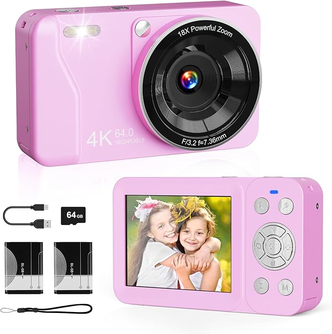 Digital Camera, 4K 64MP, 18X Zoom, Point and Shoot Digital Camera with 64GB TF Card & 2 Batteries, Portable Rechargeable Small Camera for Kids Teens Adult, Purple-CubbioJoy
