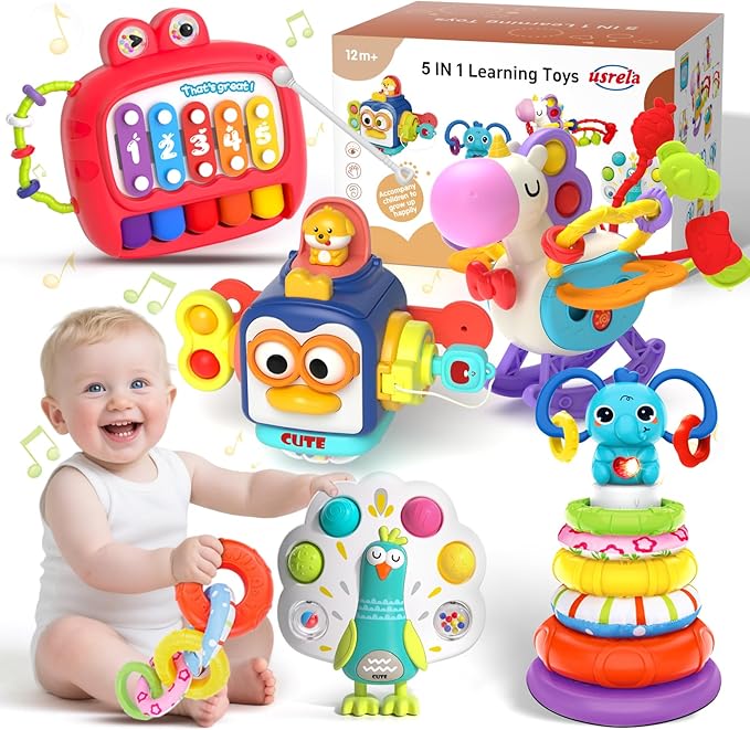 5 in 1 Baby Toy for 12 18 Month, Learning Toys for Babies 12-18 Months, Baby Busy Cube, Stacking&Sensory, Pull String&Piano Xylophone Toy, Birthday Gift for 12+ Month-CubbioJoy