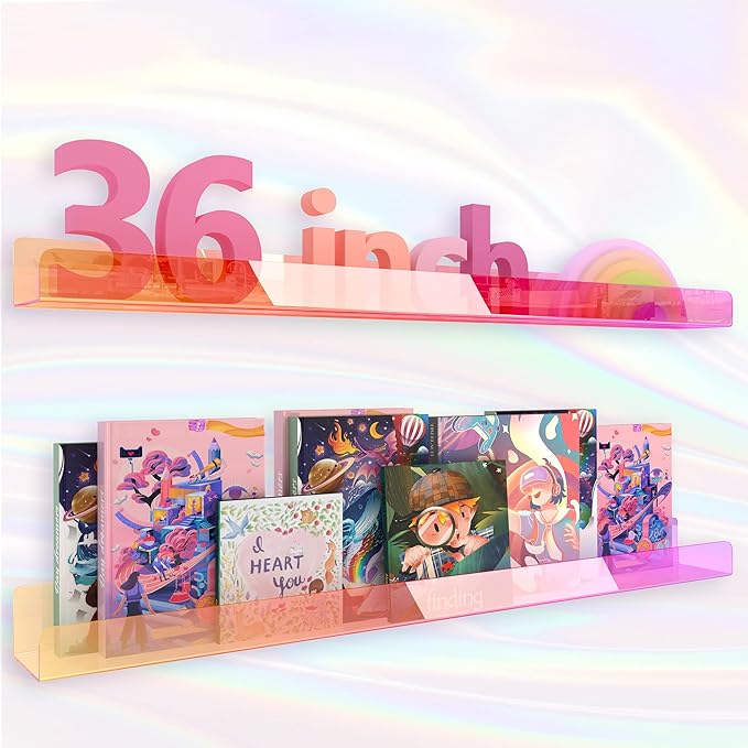 36 inches Iridescent Acrylic Floating Shelf,Wall Mounted Kids Bookshelf, Display Book Shelves for Kids Nursery Toddler Classroom 2 Packs-CubbioJoy