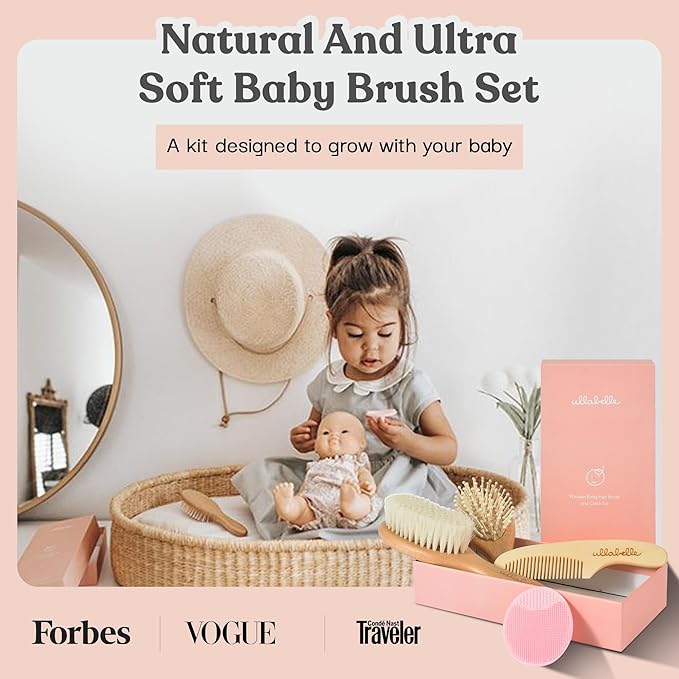 4 Piece Wooden Baby Hair Brush and Comb Set for Newborns & Toddlers in Chic Gift Box - Ultra Soft Natural Goat Hair and Wood Baby Brush Set Prevents Cradle Cap - Perfect Registry Gift (Pink)-CubbioJoy