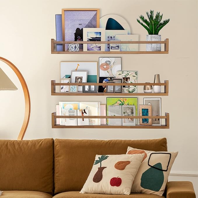 AZSKY Light Walnut Nursery Book Shelves 36 in Floating Wall Mounted Bookshelf Kids Room Hanging Shelves Toddlers Toys Books Storage Organizer a Set of 3-CubbioJoy