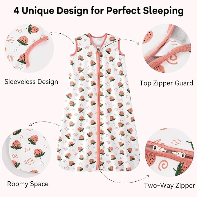 Baby Sleep Sack 0-6 Months 0.5 Tog Wearable Blanket Baby, 3 Pack 100% Cotton Lightweight Sleeping Sack with 2-Way Zipper for Newborn Infant Strawberry-CubbioJoy