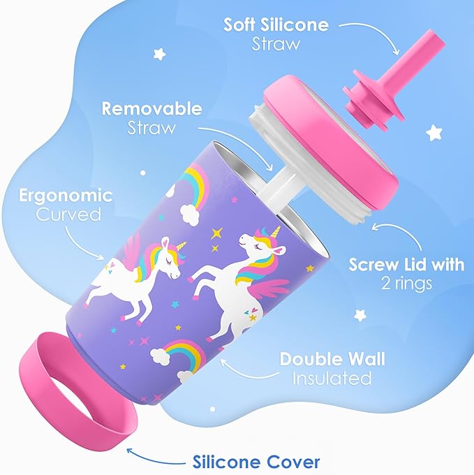 Kid Insulated Stainless Steel Tumbler with Silicone Straw, 12oz Sippy Cup for Kids (Unicorn)-CubbioJoy