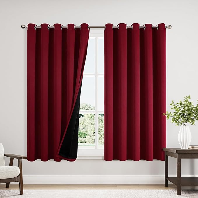 ChrisDowa 100% Blackout Curtains 63 inch Long for Bedroom with Black Liner, Extra Wide 2 Thick Layers Total Blackout Thermal Insulated Grommet Window Curtains 2 Panels Set (Burgundy, 60 x 63 Inch)-CubbioJoy