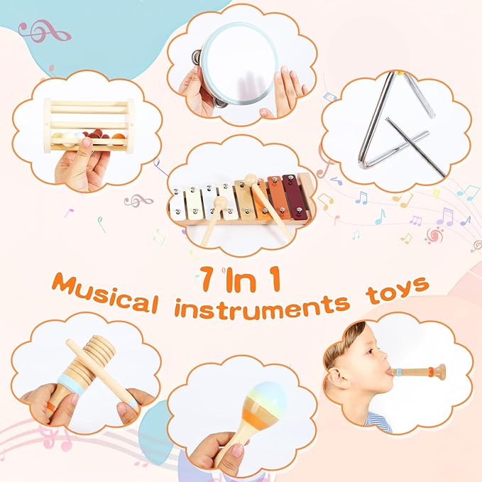Baby Musical Instruments Neutral Colors Percussion Instruments Set Montessori Wooden Toys for Toddlers 1-3 with Xylophone for Kids Preschool Educational 3+ Wood Musical Toy 8pcs-CubbioJoy