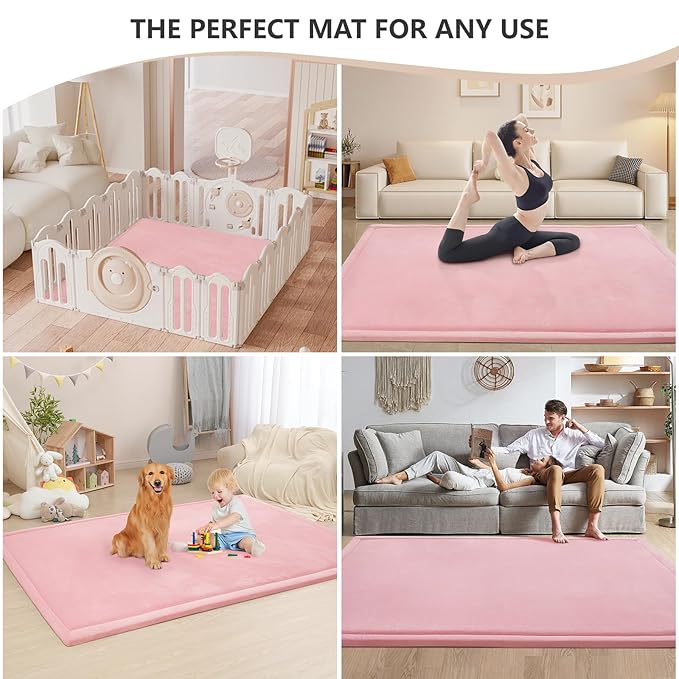 Baby Play Mat for Floor,1.3" Thick Memory foam Tummy Time Mat,Soft Coral Velvet Nursery Rug,Extra Large Non Slip for Crawling,Toddlers,Infants,kids,Yoga&Tatami Style for Living Room(Pink)-CubbioJoy