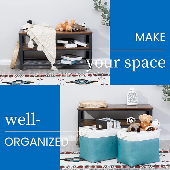 Bidtakay Storage Baskets Extra Large 17x12x15 In Teal Blue Nursery Toy Baskets Fabric Long Shelf Baskets for Organizing Set of 2 Linen Closet Bins for Shelves Decorative Blanket Basket Living Room-CubbioJoy